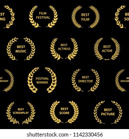 Golden on black film award wreaths. Seamless pattern. Vector illustration.