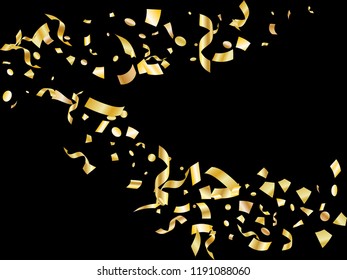 Golden on black foil holiday realistic confetti flying vector background. Glamorous flying tinsels, foil texture serpentine streamers, sparkles, confetti falling anniversary background.