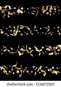 Golden on black glossy holiday realistic confetti flying vector background. Rich flying tinsels, foil texture serpentine streamers, sparkles, confetti falling carnival background.