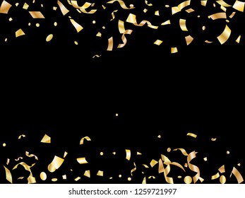 Golden on black shiny holiday realistic confetti flying vector background. Glamour flying tinsels, foil texture serpentine streamers, sparkles, confetti falling Christmas background.