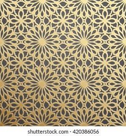 Golden on dark backdrop seamless geometric pattern. Tiled background with Oriental motif 3D. Endless texture can be used for wallpaper, pattern fills, background of web page, surface textures