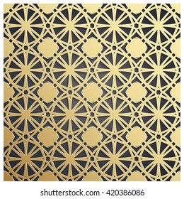 Golden on dark backdrop seamless geometric pattern. Tiled background with Oriental motif 3D. Endless texture can be used for wallpaper, pattern fills, background of web page, surface textures