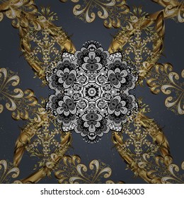 Golden on gray background with golden elements. Vintage pattern on gray background with golden elements. Christmas, snowflake, new year.