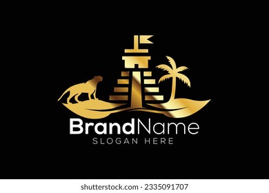 Golden On the leaves Temple of the great jaguar Logo design vector template