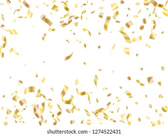 Golden on white foil holiday realistic confetti flying vector background. Premium flying tinsels, foil texture serpentine streamers, sparkles, confetti falling new year background.