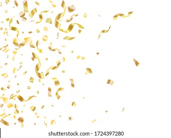 Golden on white glossy holiday realistic confetti flying vector background. Rich flying tinsels, foil texture serpentine streamers, sparkles, confetti falling Christmas background.