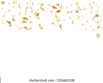 Golden on white glowing holiday realistic confetti flying vector background. Premium flying tinsels, foil texture serpentine streamers, sparkles, confetti falling festive background.