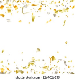 Golden on white shiny holiday realistic confetti flying vector background. Glamour flying tinsels, foil texture serpentine streamers, sparkles, confetti falling carnival background.