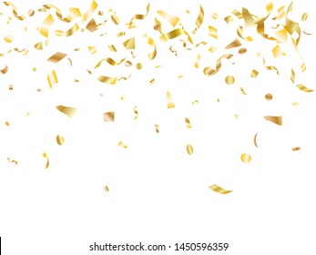 Golden on white shiny holiday realistic confetti flying vector background. Rich flying tinsels, foil texture serpentine streamers, sparkles, confetti falling anniversary background.