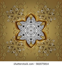 Golden on yellow background with golden elements. Vector abstract background with repeating elements. Vector illustration. Damask classic golden pattern.