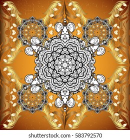 Golden on yellow background with golden elements. Vintage pattern on yellow background with golden elements. Christmas, snowflake, new year.