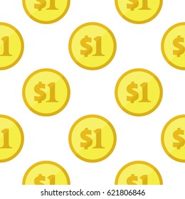 Golden one dollar coins seamless pattern. Repeating background with USA currency symbols. Money icons on white. Vector eps8 illustration.