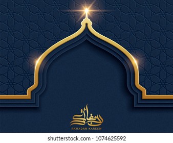 Golden onion dome with blue geometric pattern background and copy space for greeting words, Ramadan Kareem calligraphy