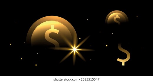 Golden online casino poster for VIP, winners. Glitter poker elements, coin, confetti for congratulations, gift. Luxury vip horizontal banner. Isolated vector illustration on black background.