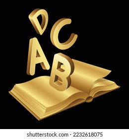 Golden Open Book with Letters A B C D on a Black Background