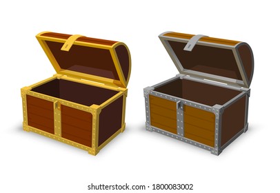 Golden open chest 3d object, vintage icon isolated white background. Vector illustration