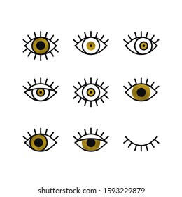 Golden open and closed eyes line icons set. Look, see, sight, view sign and symbol. Vector linear graphic element. Optical and search theme in minimal design style. Gold eyes with eyelashes.