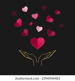 golden open hands with confetti of red hearts on a black background
