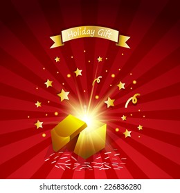 Golden open magic gift with fireworks and confetti.