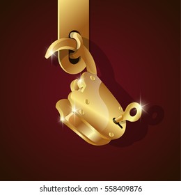 Golden open padlock with key in the keyhole. Vector 3d illustration with open lock.
