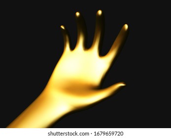 Golden open palm offering something . Concept of charity, care and financial support. Vector illustration of inviting gesture. Golden hand giving out something on black background.