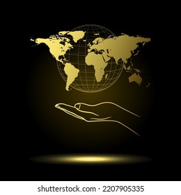 golden open palm with world map on black background