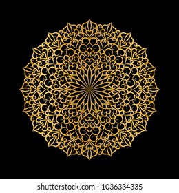 Golden openwork mandala on a black background.