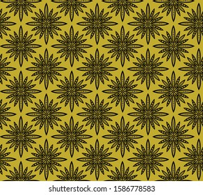 Golden openwork pattern on a black background. Vector seamless pattern of snowflakes. Abstract background for design. Gift wrapping, wrapper