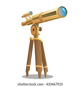 Golden optical telescope isolated on white background. Vector cartoon close-up illustration.