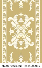 Golden Opulence Ages Border Pattern Beige Embroidery on Gold Background. Bells Leaves and Scroll Ornament Decoration. Classic Rich Brocade Haute Couture Style For All Luxury Work. Beautiful Delicate