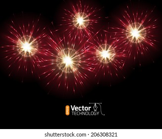 Golden orange amazing fireworks isolated in dark background close up with the place for text, card for congratulations on his birthday or holiday