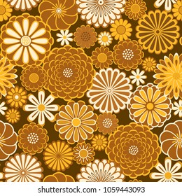 Golden orange circle daisy flowers natural seamless pattern, vector