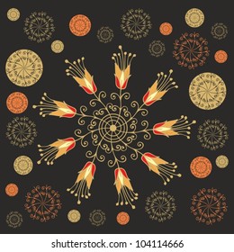 Golden - orange decorative vector rosettes and flowers on dark background 