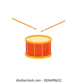 Golden orange drum and wooden drum sticks, icon isolated on white background. Instrument for parade, orchesta, carnival. Cartoon flat design. Vector illustration.