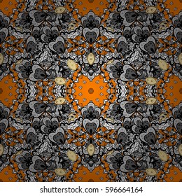 Golden orange floral ornament in baroque style. Antique golden repeatable wallpaper. Damask repeating background. Golden element on orange background.