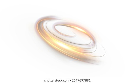 Golden orange light rings with soft glow and dynamic rotation on white background. Abstract vector light effect for interface design, technology, games and digital graphics.