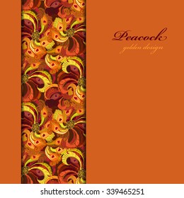 Golden orange and red peacock feathers. Vertical border design. Vertical strip of feathers pattern background. Text place. Vector illustration.