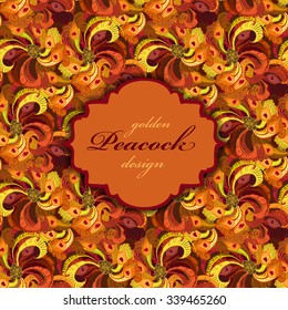 Golden orange and red peacock feathers pattern.   background. Vintage label. Text place. Vector illustration.