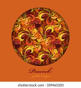 Golden orange and red peacock and phoenix feathers. Circle feathers design background. Text place. Vector illustration.