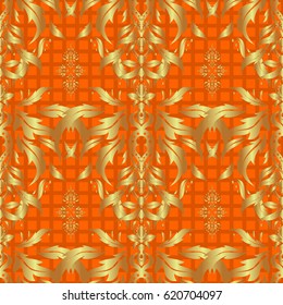Golden and orange seamless pattern. Oriental vector pattern with arabesques and gloden floral elements. Traditional classic ornament.