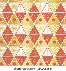 Golden orange white triangles seamless vector tribal pattern. Hand drawn Boho ethnic motifs background. Metallic gold foil geometric repeating backdrop. Sun symbol. Triangle shape repeat tile 