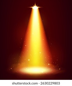 Golden Orange and Yellow Magic Spotlight Beam with Sparkles on Dark Stage Background, Glowing Cone of Light in Night Scene, vector illustration