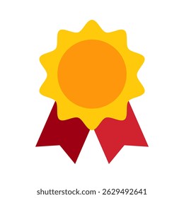 Golden order with red ribbon. Winner gold medal. Best prize with red ribbon for certificate or first place trophy. Prize or award for success and winning. Isolated vector illustration