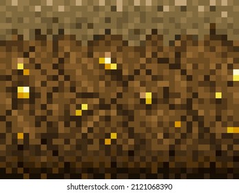 Golden Ore, Brown Ground Blocks Pattern Cubic Pixel Game Background. Vintage Video Arcade Level Pixelated Backdrop. Computer 8bit Retro Game Asset Vector Pixel Texture With Gold Nuggets In Soil