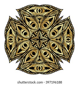 Golden Orient style element. Gold gamut decorative icon. Ornate medallion ethnic pattern. Tribal ornament for tattoo or brand. Isolated design symbol. Vector illustration.