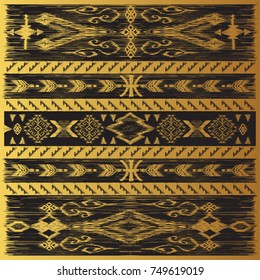 Golden oriental decor in kilim style, modern variation of the eastern pattern, adaptation for the decoration of silk scarf. Vintage, boho chic. Gypsy, indian, nomad and african motifs. 