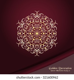 Golden oriental fine pattern with jewels on red background. Traditional classic ornament. Golden decoration with precious stones. Vector Illustration EPS 10.