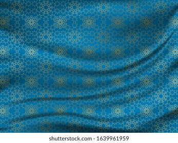 Golden oriental pattern on wavy silk fabric. Realistic vector illustration. Lovely background for your design in the great Ramadan Kareem.