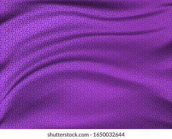 Golden oriental pattern on wavy silk fabric. Realistic vector illustration. Lovely background for your design in the great Ramadan Kareem.