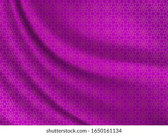 Golden oriental pattern on wavy silk fabric. Realistic vector illustration. Lovely background for your design in the great Ramadan Kareem.